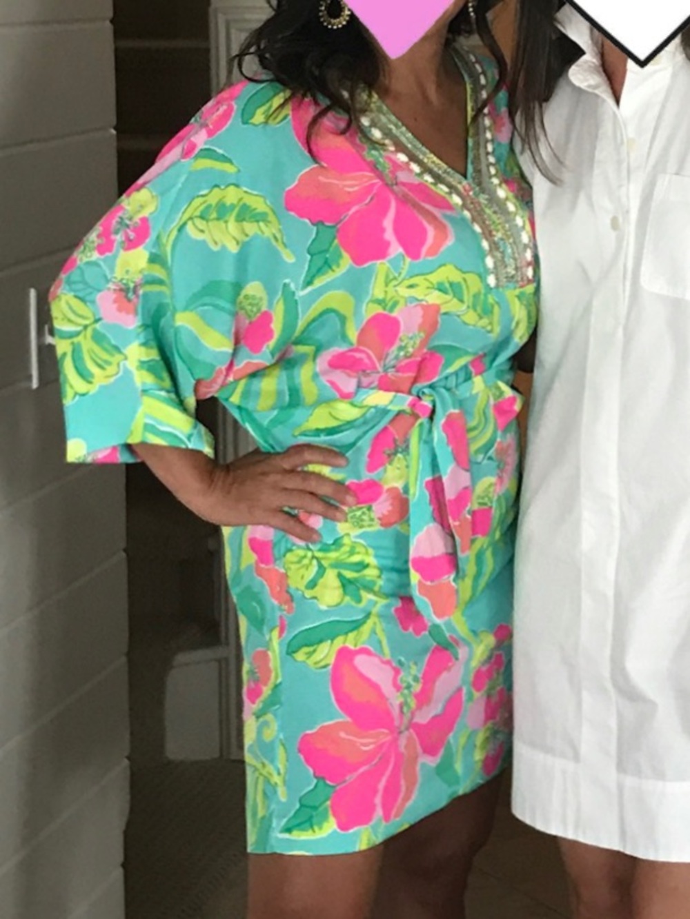 Lilly Pulitzer Aqua Embellished Floral Mini Dress with Neon Pink & Lime Accents